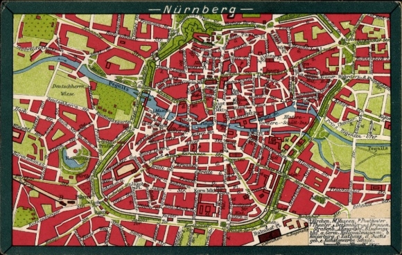 Mapa miasta KP Norymberga w Środkowej Frankonii, centrum miasta, rzeka, Pegnitz