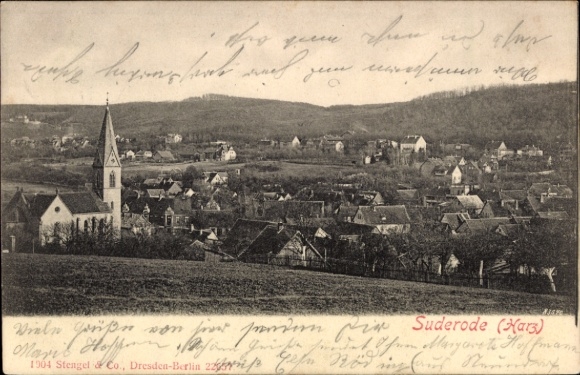 Postcard Bad Suderode Quedlinburg in the Harz, panoramic view, church, houses, landscape,