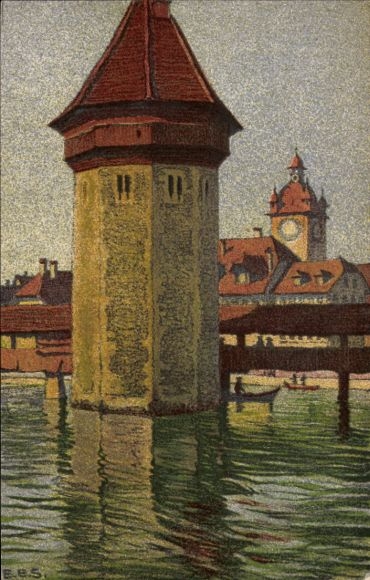 Artist Postcard Schlatter, Ernst, Lucerne City Switzerland, Water Tower, Town Hall