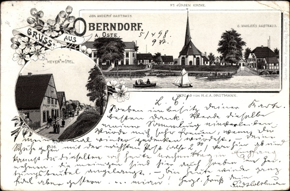 Litho Oberndorf an der Oste, C. Mahlers Gasthaus, Meyer Hotel, St. Jürgen Kirche