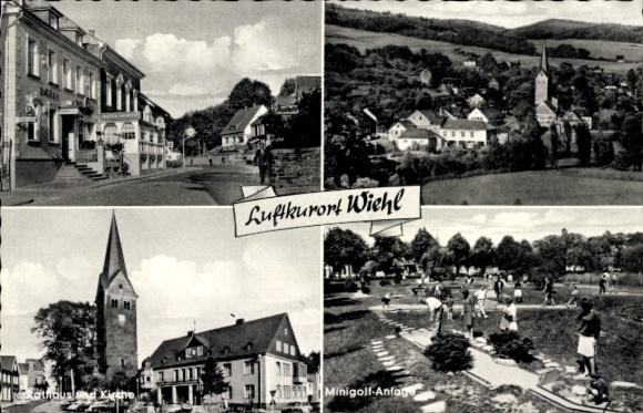 Postcard Wiehl in the Oberbergischer Kreis, general view, minigolf course, town hall, church