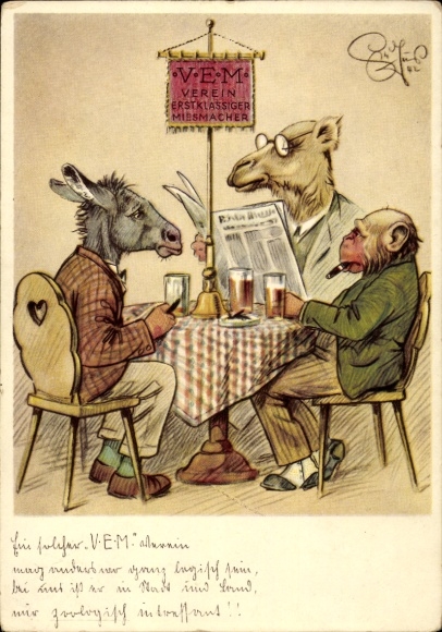 Artist Postcard Geilfus, H., VEM, Association of First-Class Mockers, Donkey, Camel and Monkey