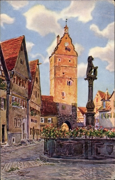Artist Postcard Dinkelsbühl in Middle Franconia, Wörnitztor, Lion Fountain