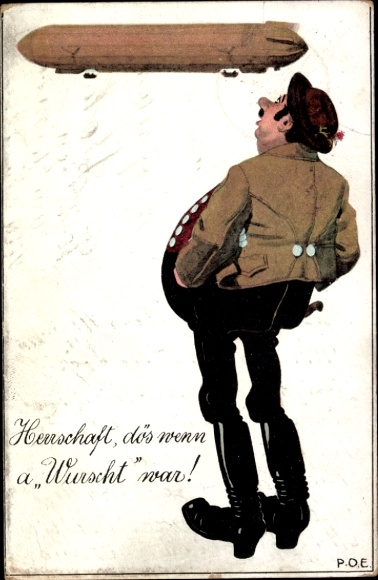 Artist Postcard Engelhard, POE, Man admires Zeppelin