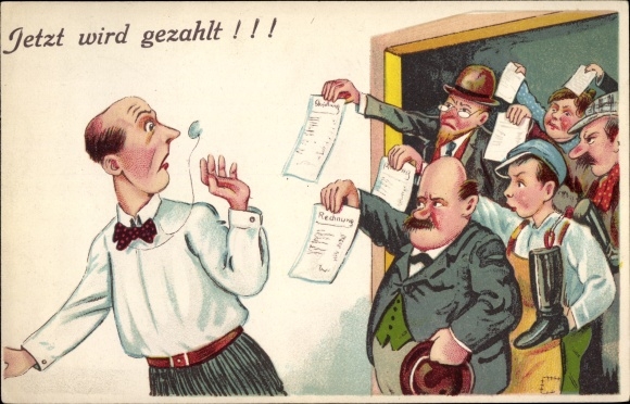Postcard Paying now, Angry creditors with bills