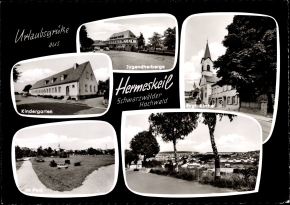 Postcard Hermeskeil, youth hostel, church, kindergarten, park, city view