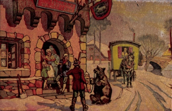 Künstler Ak am Gasthaus im Winter, Kutsche