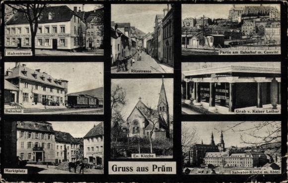 Postcard Prüm in Rhineland Palatinate, Hahnstraße, train station, market, church, abbey, tomb of Emperor Lothar, Ritzstr