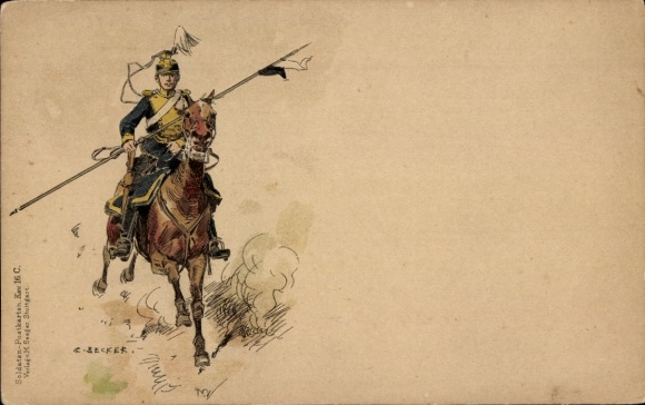 Kunstenaar Ak Becker, C., soldaat in volledige uitrusting, cavalerie, keizerlijke periode
