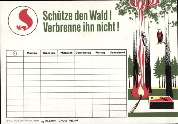 Timetable GDR DEWAG Potsdam, protect the forest, don&#39;t burn it! around 1970