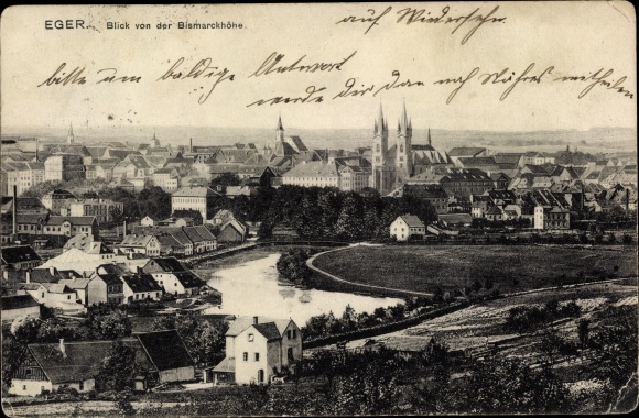 Postcard Eger Reg. Karlsbad, view from the Bismarckhöhe
