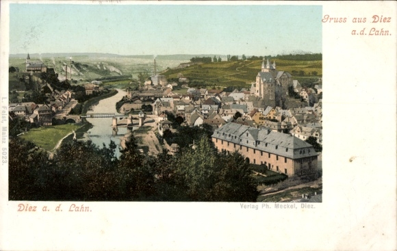 Ak Diez an der Lahn, Panoramaansicht von Diez, Lahn, Fluss, Gebäude, Landschaft