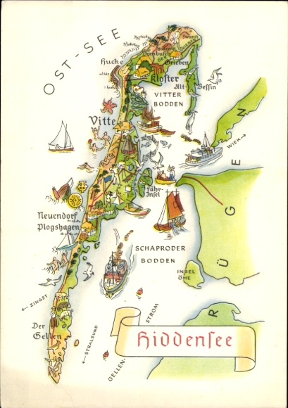 Landkarten Ak Insel Hiddensee Ostsee, Vitte, Neuendorf, Plogshagen, Neuendorf, Bodden, Kloster