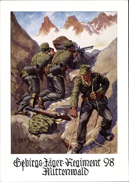 Künstler Ak Seitz, Mittenwald in Oberbayern, Gebirgsjäger Regiment 98, Wehrmacht