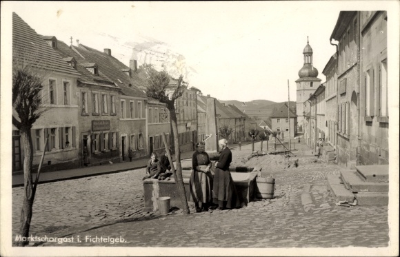 Ak Marktschorgast Fichtelgebirge Opper-Franken, straatgedeelte, bewoners, kerktoren