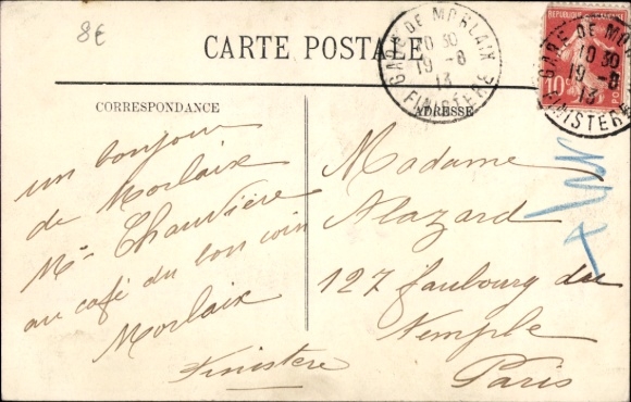 Postcard Morlaix Finistère, ship on the water, walkers on the shore, trees in the background