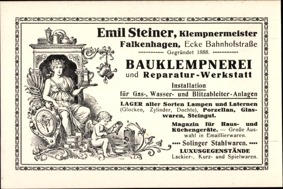 Postcard Falkenhagen in the Mark, Emil Steiner master plumber, construction plumbing, corner Bahnhofstrasse