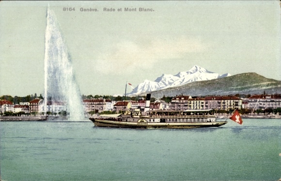 Postcard Genève Geneva Switzerland, salon steamer MS Lausanne in motion, Mont Blanc