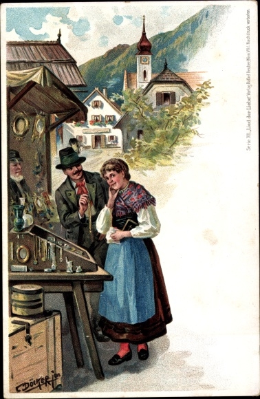 Kunstenaar Litho Döcker, E., geliefden bij de juwelier, kerk