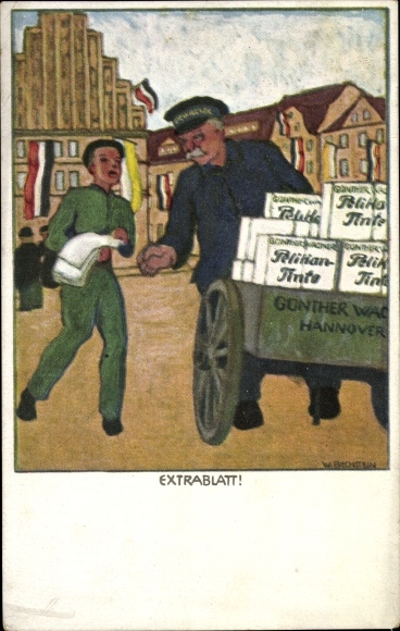 Artist PC Bechstein, Hanover, extra sheet, newspaper seller, advertising Günther Wagner, Pelikan ink