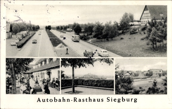 Postcard Siegburg an der Sieg, motorway service area, street view, trucks, cars, nature, people