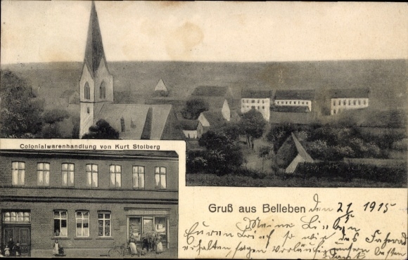 Ak Belleben Könnern in de Salzlandkreis, kerk, huizen, koloniale goederenwinkel van Kurt Stolberg