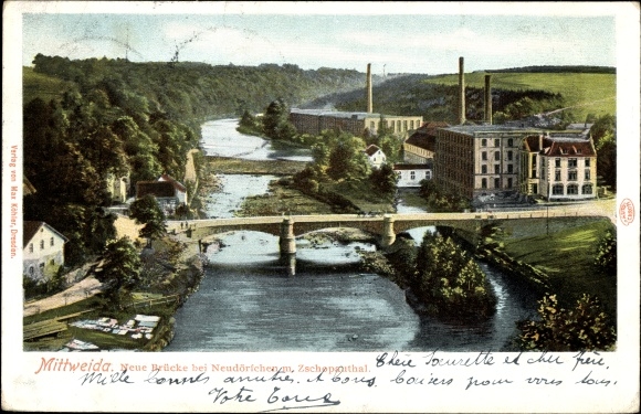 Postcard Neudörfchen Mittweida in Saxony, new bridge with Zschopautal