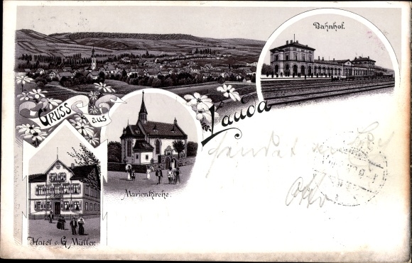 Litho Lauda Königshofen im Main Tauber Kreis, Hotel von G. Müller, Marienkirche, Bahnhof, Gleisseite
