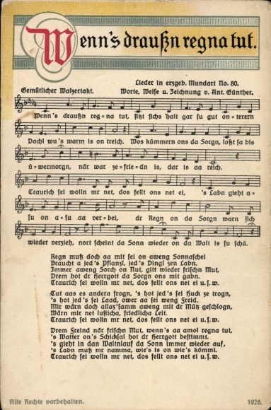 Lied Ak Günther, Anton, Wenn's draußn regna tut, Erzgebirgische Mundart Nr. 80