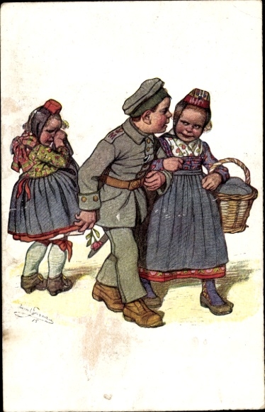Artist PC Beithan, Emil, soldier, girl in Hessian traditional costumes