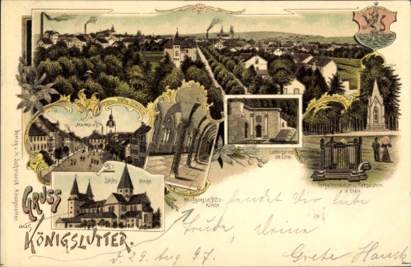 litho Königslutter am Elm, marktplein, collegiale kerk, algemeen beeld