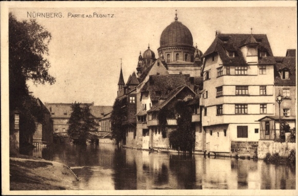 Postcard Nuremberg, on the Pegnitz, Synagogue, Schütt Island