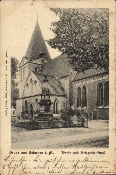 Postcard Schwaan in Mecklenburg, church, war memorial, architecture,