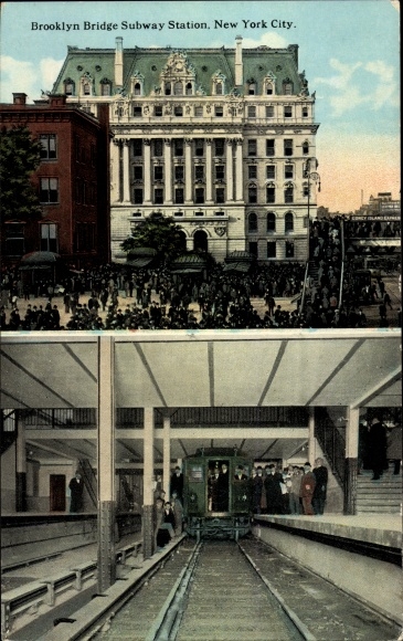 Postcard New York City USA, Brooklyn Bridge Subway Station, View of Building and View of Station