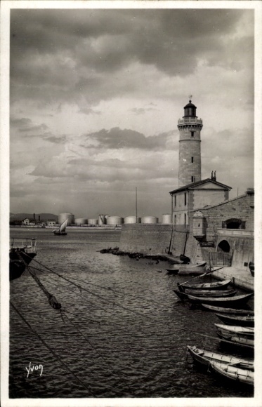 Postcard Sète Cette Hérault, lighthouse, harbor, boats, clouds, black and white, Yvon