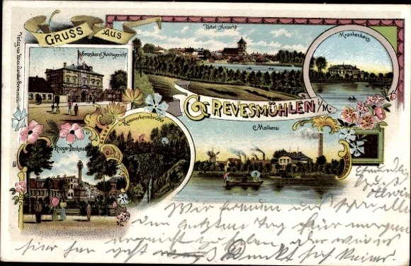 Litho Grevesmühlen in Mecklenburg, Amtsgericht, Krankenhaus, Kriegerdenkmal, Molkerei