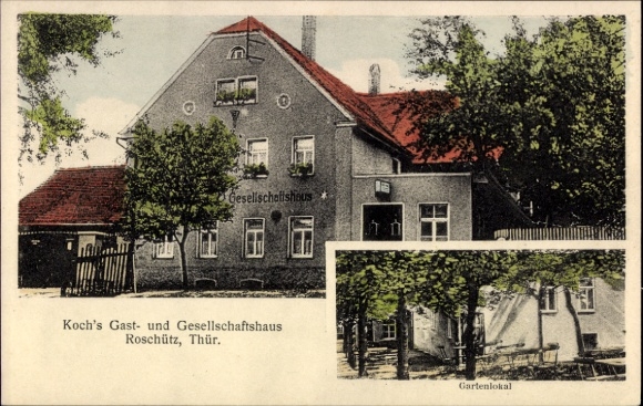 Ak Roschütz Gera in Thüringen, Gast- und Gesellschaftshaus, Gartenlokal,  Architektur