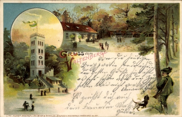 Chromo-Litho Neukirch in Lusatia, Valtenberg, observation tower, hunter