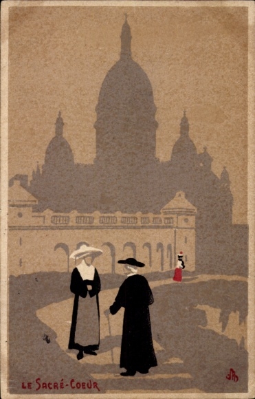 Ak Paris XVIII Montmartre, Le Sacré-Cœur, zwei Frauen in schwarzer Kleidung, eine Frau in rotem K