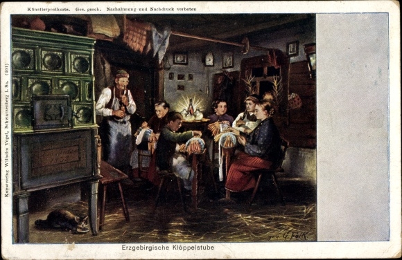 Artist PC Falk, G., Erzgebirgische Klöppelstube, tiled stove