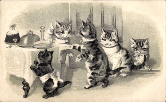 Präge Künstler Ak Katzen zu Tisch