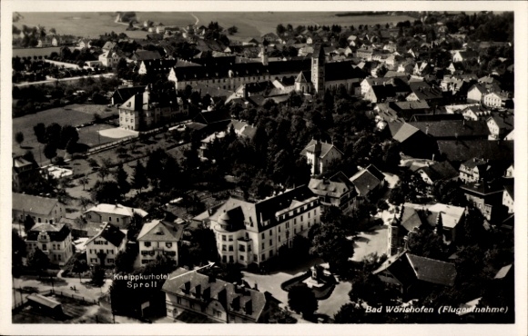 Postcard Bad Wörishofen in Unterallgäu, aerial photograph, Kneippkurhotel Sproll