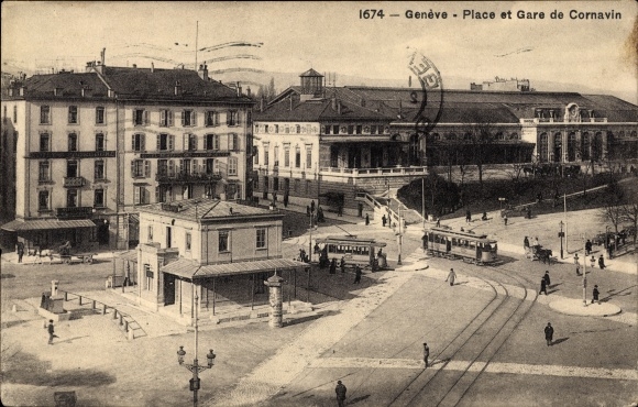 Postcard Genève Genf Stadt, Place and Gare Cornavin