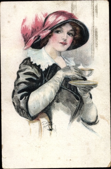 Kunstenaar Ak Portret van een vrouw, koffiekopje