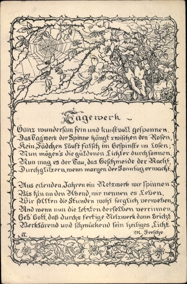 Poem Postcard Tagewerk, Wonderfully fine and artistically spun, Spider&#39;s web