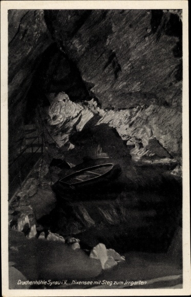 Ak Syrau Rosenbach im Vogtland, Drachenhöhle, Nixensee met loopbrug naar het doolhof