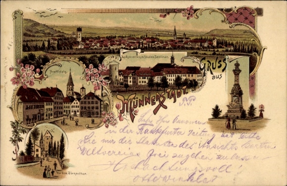 Chromo-Litho Münnerstadt in Lower Franconia Bavaria, market square, seminar, war memorial, general view