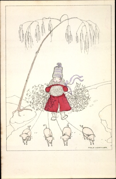 Artist PC Köhler, Mela, Happy New Year, girl with pigs, mistletoe