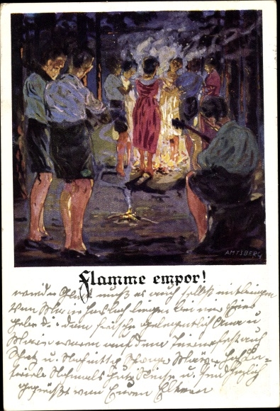 Kunstenaarskaart Amtsberg, Otto, vlam omhoog, wandelaars, kampvuur