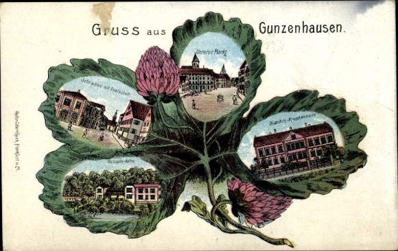Klaverblad litho Gunzenhausen Midden-Franken, ziekenhuis, markt, middelbare school